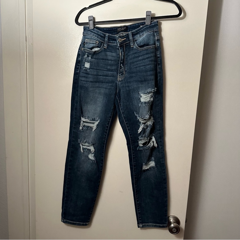 Judy Blue Very Distressed Mid Rise? Cotton Boyfriend‎ Fit Dark Wash Jeans 26